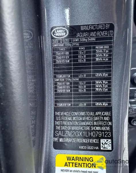 2020 Land Rover Range Rover Evoque Hse z USA, uszkodzony, nr VIN SALZM2GX1LH079123